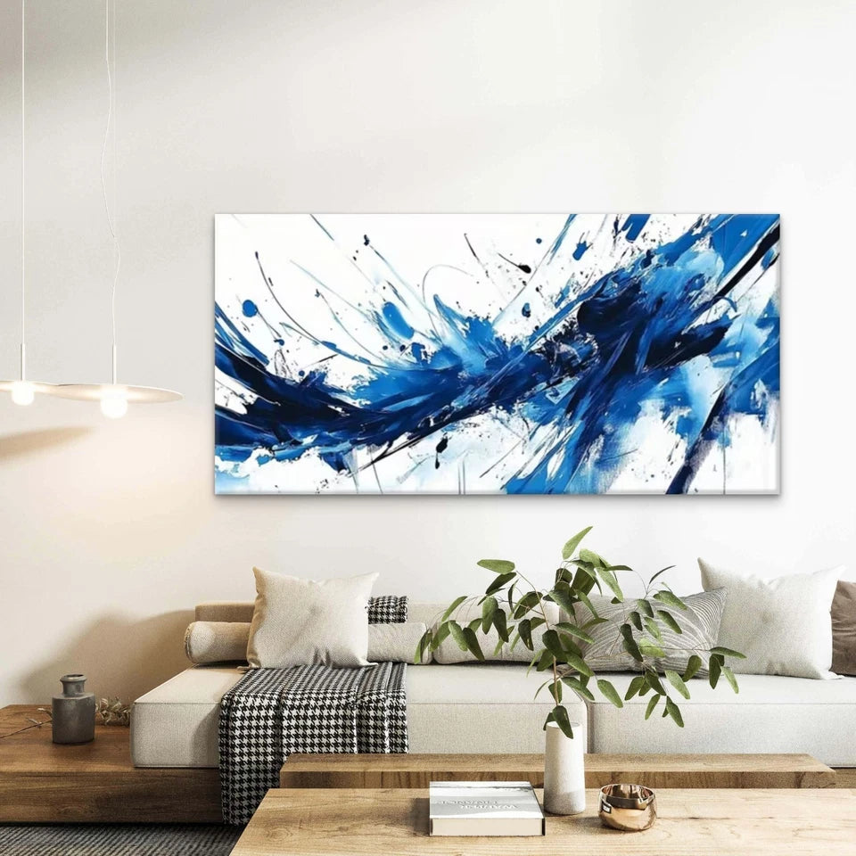Blue & White Strokes Abstract Wall Art Canvas Office Home Room Framed 120x60cm