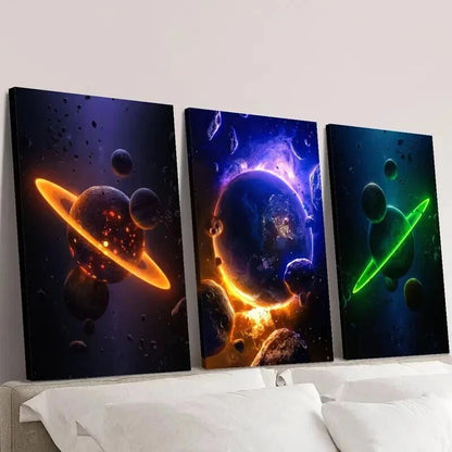 3pcs Abstract Colorful Space Planets Wall Art Set Canvas Framed 40x60cm - High Quality Print 100% Australian Made Wall Canvas Ready to Hang