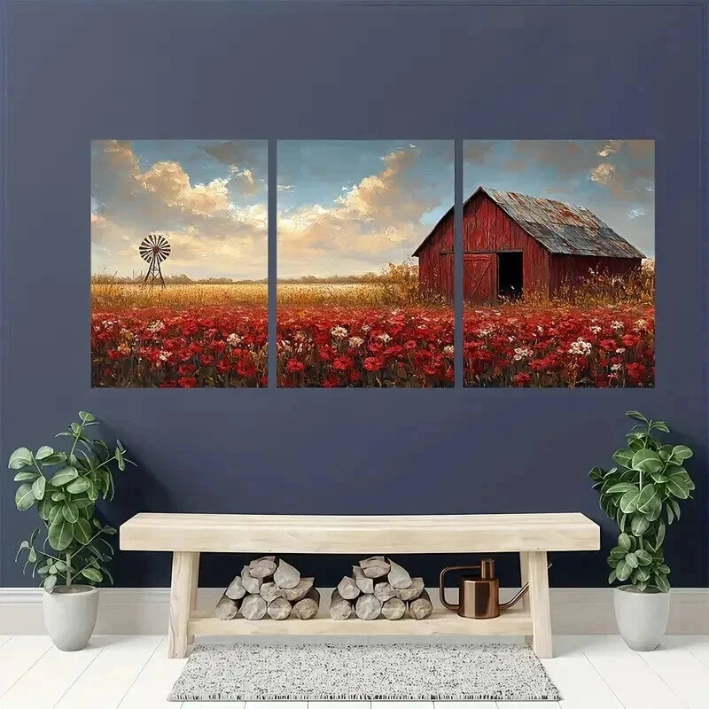 3pcs Field with Weathered Red Barn & Windmill Wall Art Set Canvas Framed 40x60cm - High Quality Print 100% Australian Made Wall Canvas Ready to Hang
