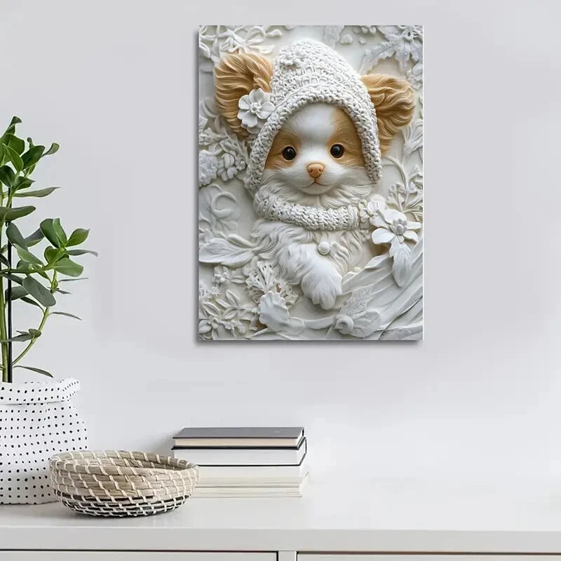 Featuring a Papillon Puppy Wearing a Winter Hat 40x60cm Metal Print Ready to Hang