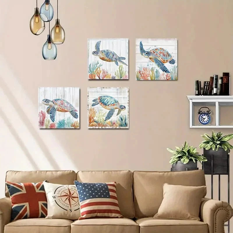 4pcsBoho Turtle ThemeWall Art Canvas Framed