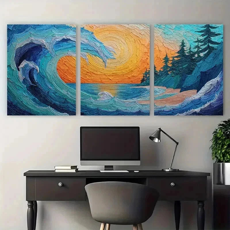 3pcs Blue Ocean Wave Sunrise Vertical Perfect Wall Art Set Canvas Framed 40x60cm - High Quality Print 100% Australian Made Wall Canvas Ready to Hang