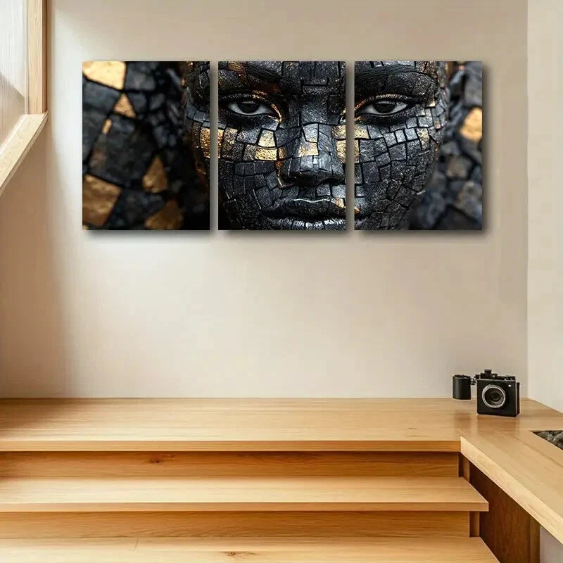 3pcs Diamond Face Golden and Black Geometric Metal Print Ready to Hang Art