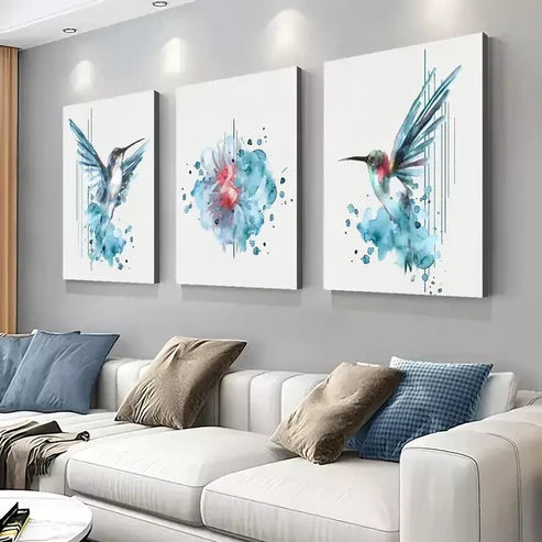 3pcs Creative Vibrant Blue Hummingbird Canvas Unframed - High Quality Print 100% Australian Made Wall Canvas