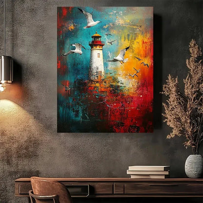 Beautiful Abstract Lighthouse & Seagulls Painting  40x60cm Metal Print Ready to Hang