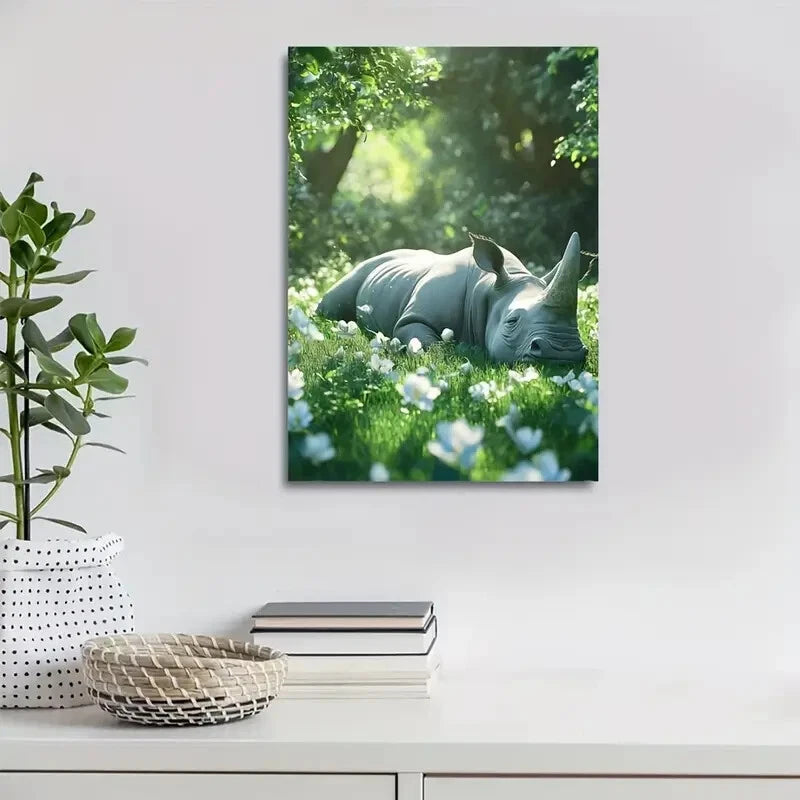 Scene of Rhino Rolling on The Grass Painting 40x60cm Metal Print Ready to Hang