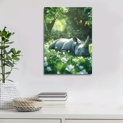 Scene of Rhino Rolling on The Grass Painting 40x60cm Metal Print Ready to Hang
