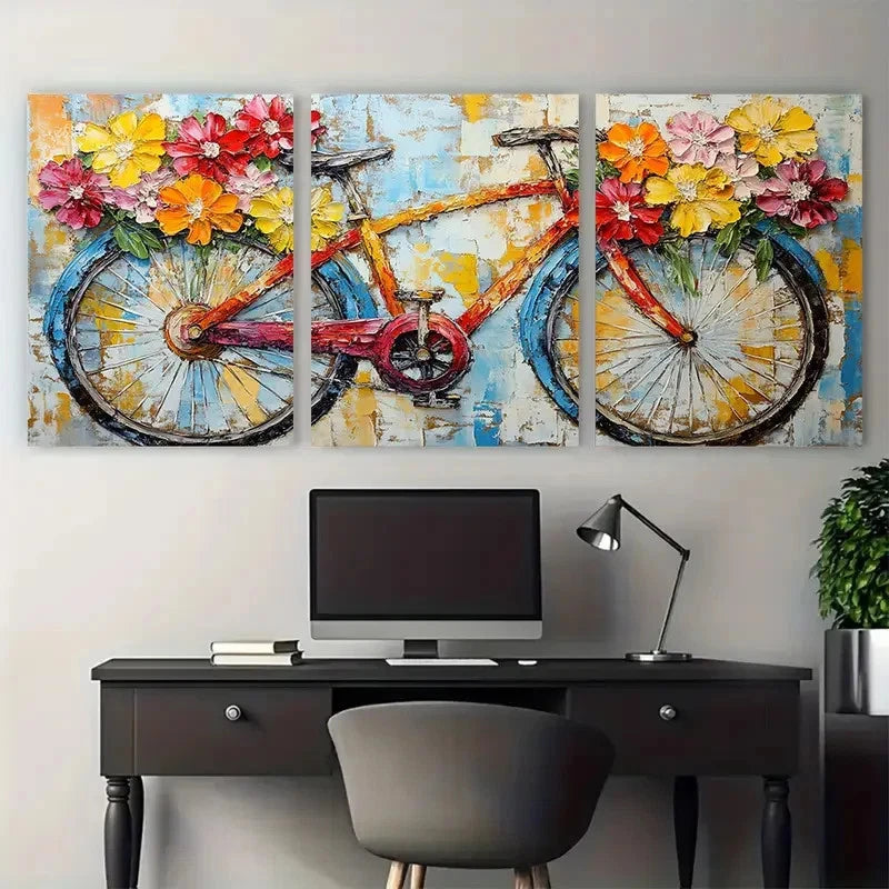 3pcs Bicycle Floral Colorful Bike Lover Perfect  Wall Art Set Canvas Framed 40x60cm - High Quality Print 100% Australian Made Wall Canvas Ready to Hang