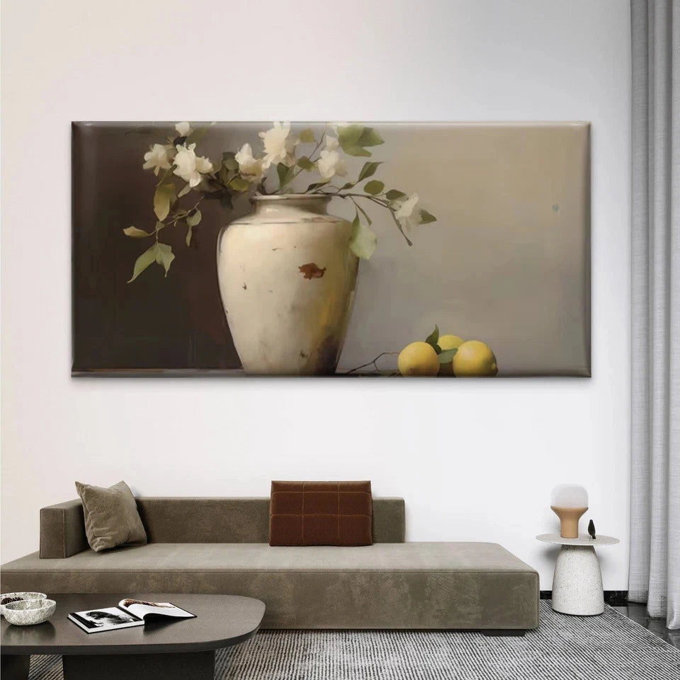 White Flowers & Lemons Wall Art Canvas Office Home Room Framed 120x60cm