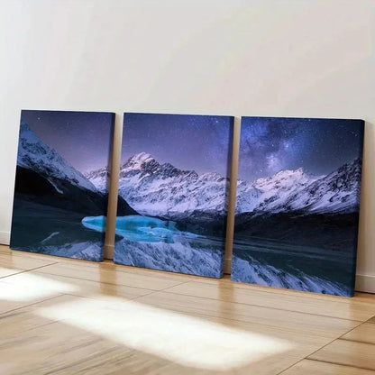 3pcs Night Scene Snowy Mountains & River  Wall Art Set Canvas Framed 40x60cm - High Quality Print 100% Australian Made Wall Canvas Ready to Hang