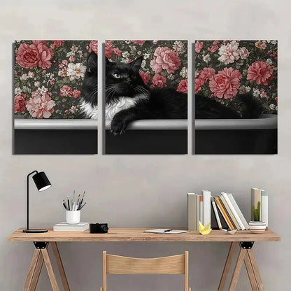 3pcs Black & White Cat in Bathtub with Vintage Metal Print Ready to Hang Art