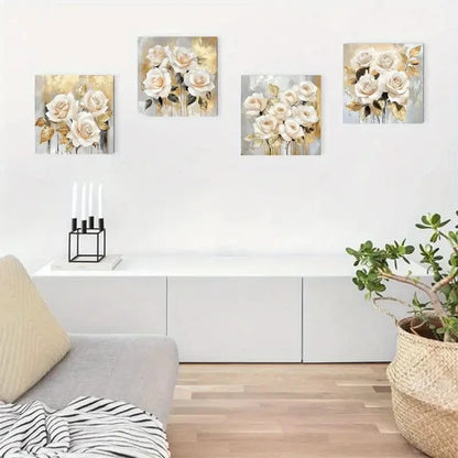 4pcs Flower Art White Floral Vintage Abstract Wall Art Canvas Framed
