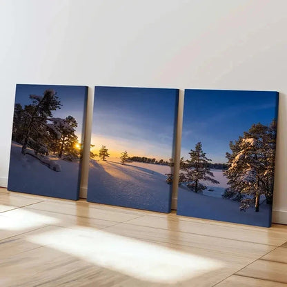 3pcs Snowscape Sunrise and Trees Modern Wall Art Set Canvas Framed 40x60cm - High Quality Print 100% Australian Made Wall Canvas Ready to Hang