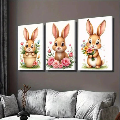 3pcs Charming Bunny Cute Rabbit Paintings flower Wall Art Set Canvas Framed 40x60cm - High Quality Print 100% Australian Made Wall Canvas Ready to Hang