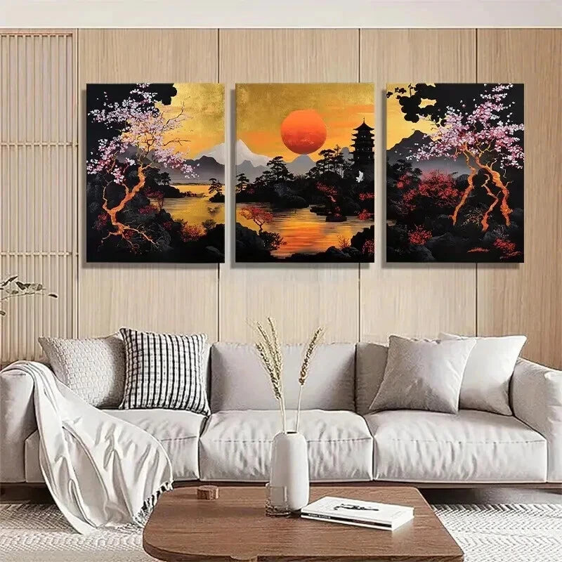 3pcs Japanese Sunset Landscape Golden Perfect Wall Art Set Canvas Framed 50x70cm - High Quality Print 100% Australian Made Wall Canvas Ready to Hang