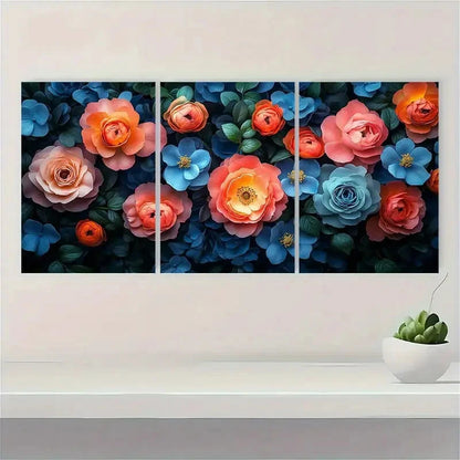 3pcs Vibrant Roses Peonies Bouquet Design Metal Print Ready to Hang Art