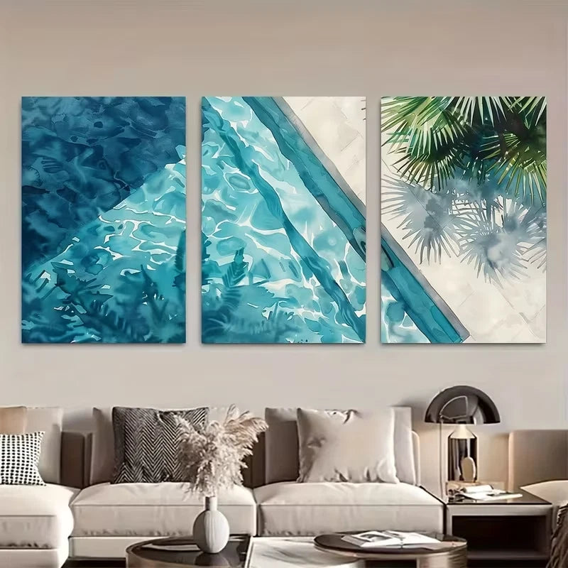 3pcs Watercolor Reflections and Palm Shadows Wall Art Set Canvas Framed 40x60cm - High Quality Print 100% Australian Made Wall Canvas Ready to Hang