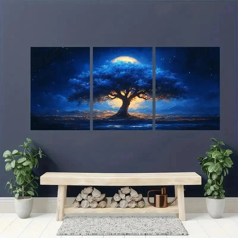 3pcs Blue Tree Landscape with Moonlit Sky Wall Art Set Canvas Framed 40x60cm - High Quality Print 100% Australian Made Wall Canvas Ready to Hang