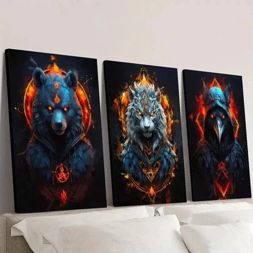 3pcs Fantasy Golden Red Flaming Ferocious Animal Wall Art Canvas Unframed – High Quality Print 100% Australian Made Wall Canvas