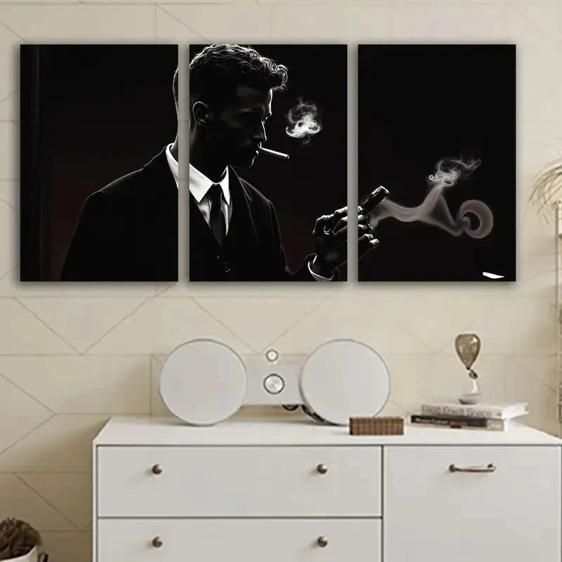 3pcs Elegant Man In Suit Smoking Cigarette Wall Art Set Canvas Framed 60x90cm - High Quality Print 100% Australian Made Wall Canvas Ready to Hang