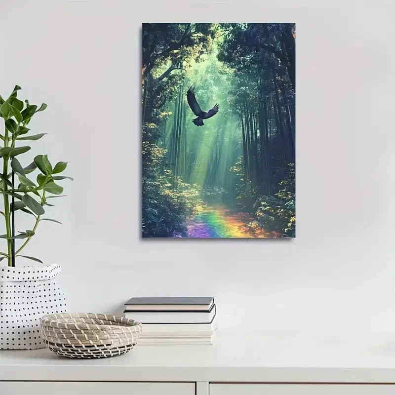 Serene Hawk in Bamboo Grove with Rainbow Painting 40x60cm Metal Print Ready to Hang