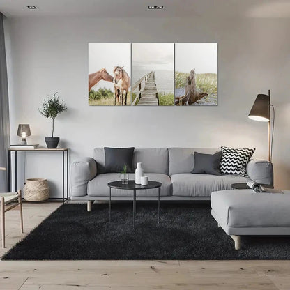 3pcs Coastal Scene with Horse Metal Print Ready to Hang Art