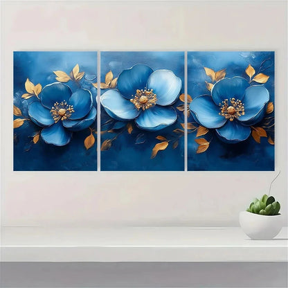 3pcs Blue and Golden Abstract Floral Metal Print Ready to Hang Art