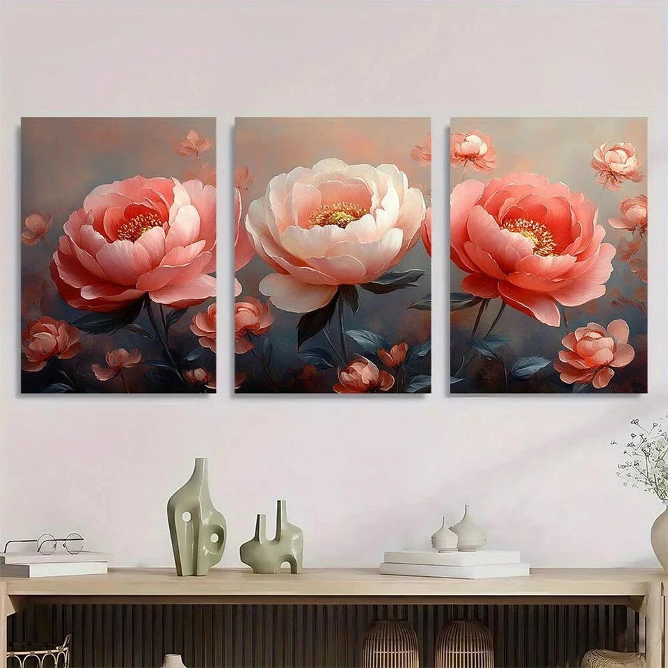 3pcs Modern Bloom Peony and Rose Elegant Floral Metal Print Ready to Hang Art