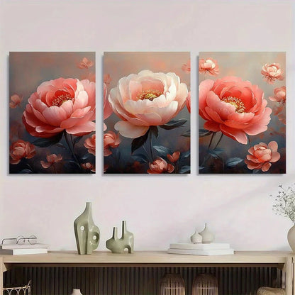 3pcs Modern Bloom Peony and Rose Elegant Floral Metal Print Ready to Hang Art