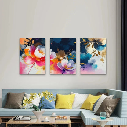3pcs Vibrant Watercolor Gold Floral Abstract Wall Art Set Canvas Framed 40x60cm - High Quality Print 100% Australian Made Wall Canvas Ready to Hang