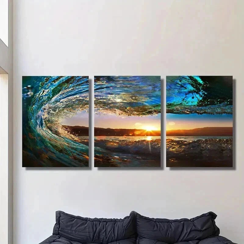 3pcs Huge Wave Tides And Sunset Landscape Wall Art Set Canvas Framed 40x60cm - High Quality Print 100% Australian Made Wall Canvas Ready to Hang