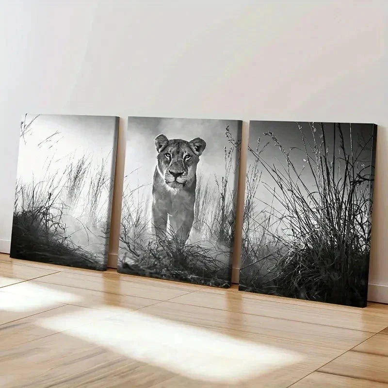 3pcs Wildlife Lion Modern Animal Painting Wall Art Set Canvas Framed 40x60cm - High Quality Print 100% Australian Made Wall Canvas Ready to Hang