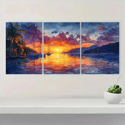 3pcs Caribbean Seascape in Orange Purple RP Wall Art Set Canvas Unframed - High Quality Print 100% Australian Made Wall Canvas