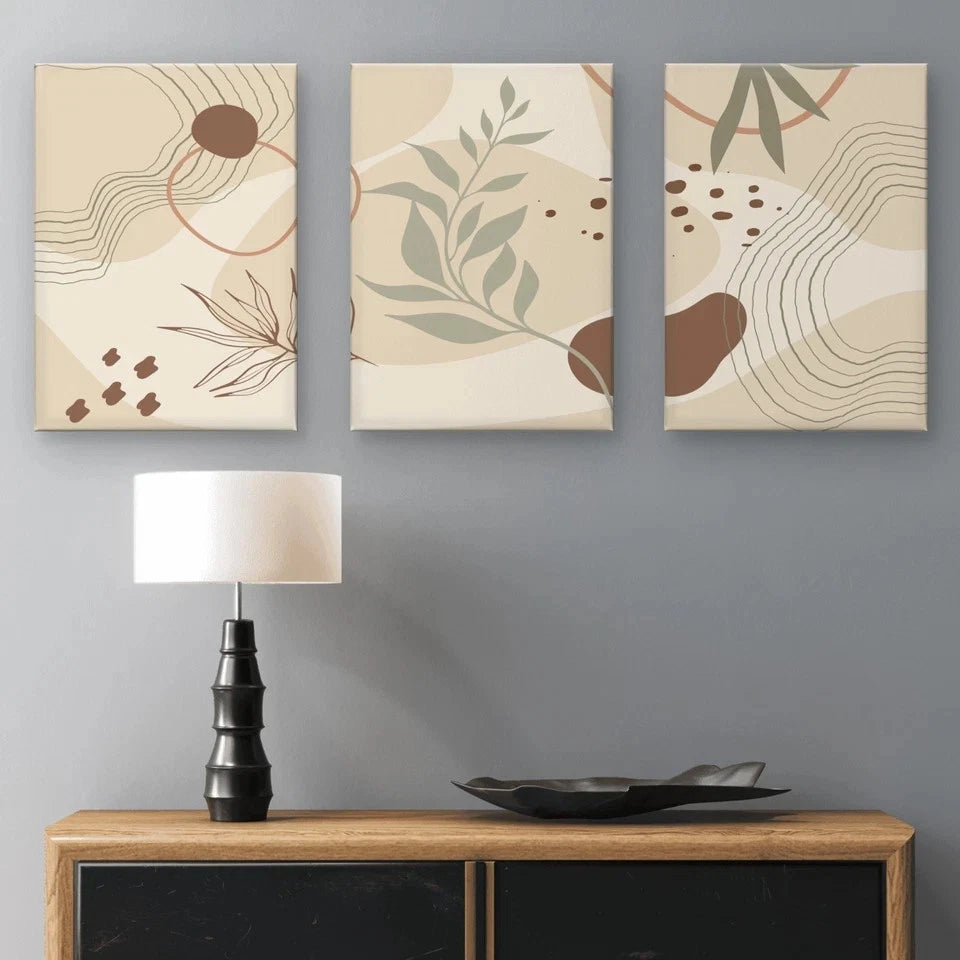 3pcs Neutral Botanical Abstract Shapes Wall Art Set Canvas Framed 60x90cm - High Quality Print 100% Australian Made Wall Canvas Ready to Hang