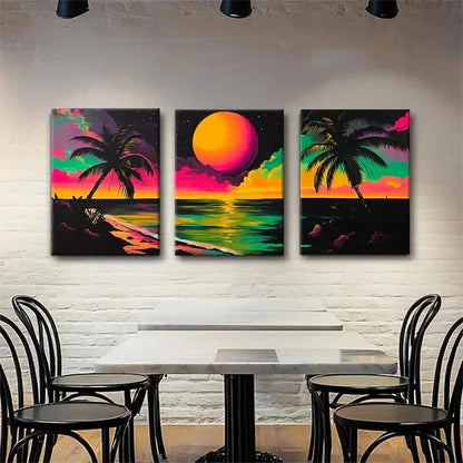 3pcs Sunset Tropical Beach Vibrant Palm Perfect Wall Art Set Canvas Framed 40x60cm - High Quality Print 100% Australian Made Wall Canvas Ready to Hang
