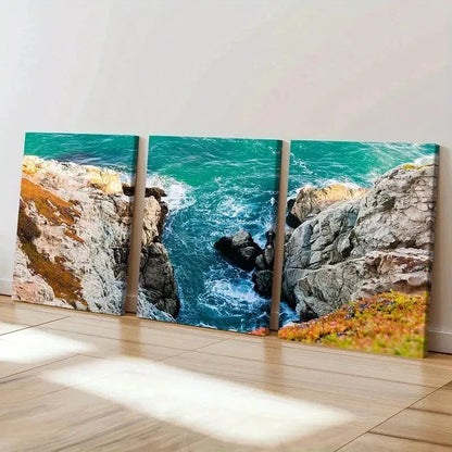 3pcs Sea Waves Coastline Rocks Modern Wall Art Set Canvas Framed 40x60cm - High Quality Print 100% Australian Made Wall Canvas Ready to Hang