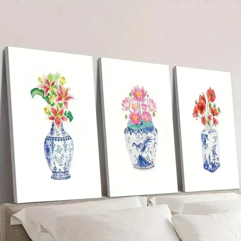 3pcs Watercolor Flowers in Chinoiseries Vase Wall Art Set Canvas Unframed - High Quality Print 100% Australian Made Wall Canvas