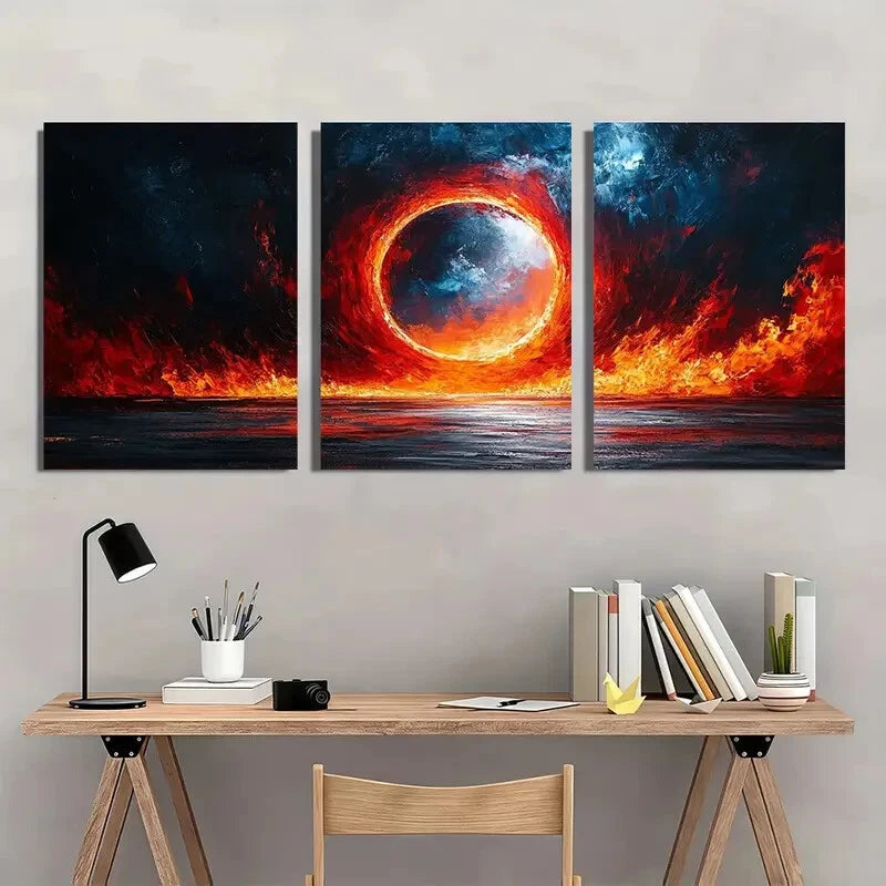 3pcs Elegant Black Vibrant Sunset & Ocean Metal Print Ready to Hang Art