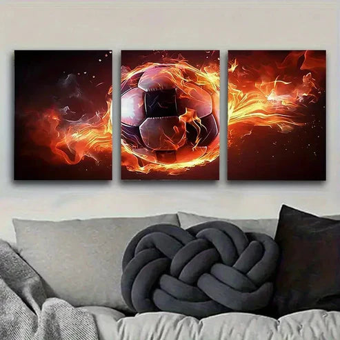 3pcs Fiery Soccer Ball Artwork Wall Art Set Canvas Unframed - High Quality Print 100% Australian Made Wall Canvas