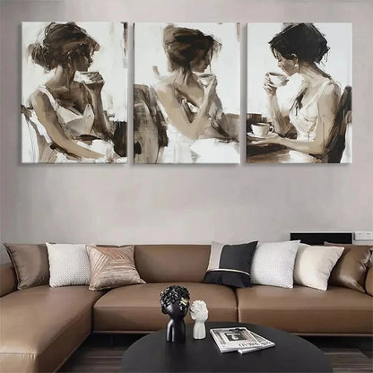 3pcs Elegant Woman Drinking Coffee Perfect Wall Art Set Canvas Framed 40x60cm - High Quality Print 100% Australian Made Wall Canvas Ready to Hang