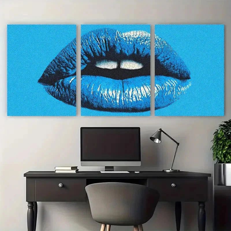 3pcs Blue Kiss Lips Retro Coquette Perfect  Wall Art Set Canvas Framed 40x60cm - High Quality Print 100% Australian Made Wall Canvas Ready to Hang