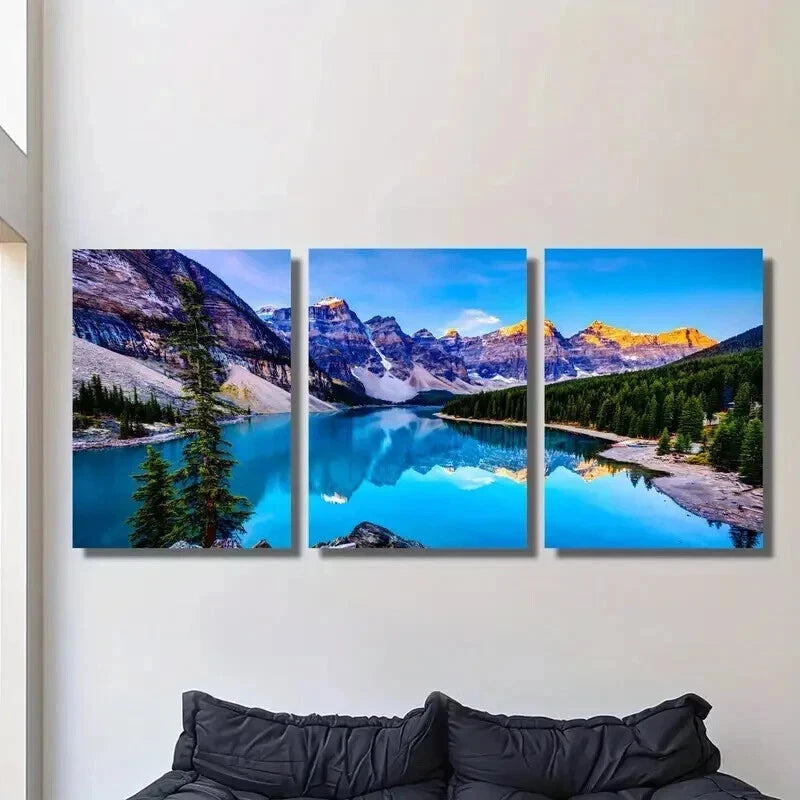 3pcs Mountains Blue Lake and Green Forest Wall Art Set Canvas Framed 50x70cm - High Quality Print 100% Australian Made Wall Canvas Ready to Hang