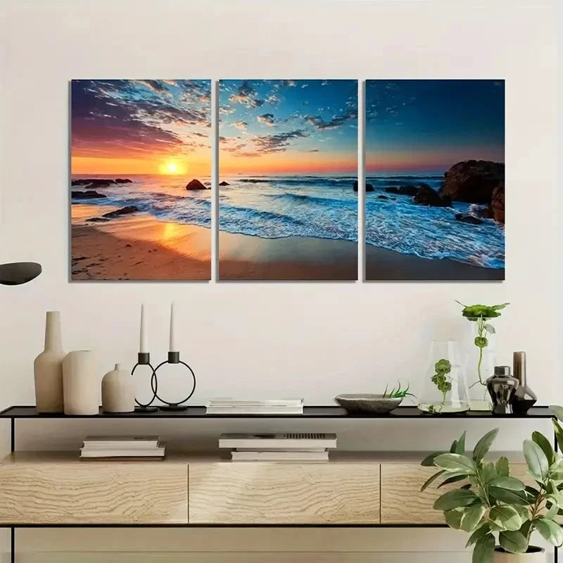 3pcs Sunset Beach Waves Poster Metal Print Ready to Hang Art