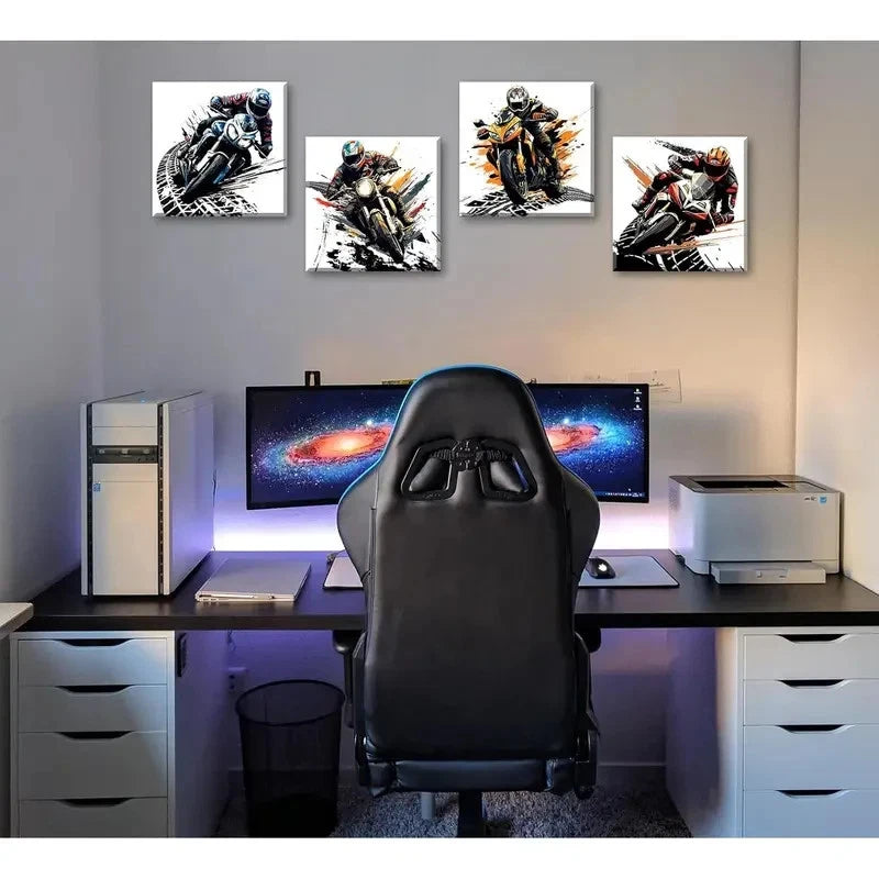 4pcs Retro Cartoon Vehicles Graffiti Motocross Wall Art Canvas Framed