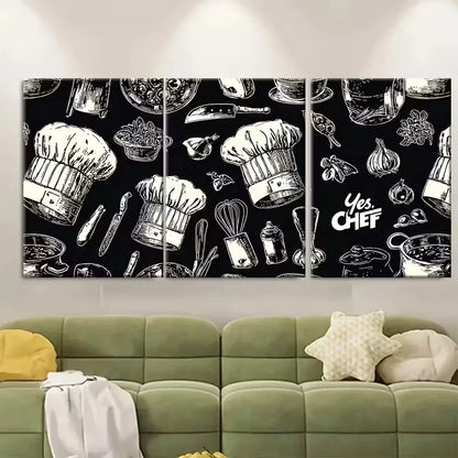 3pcs Chef Hats, Spatulas & Utensils Design Wall Art Set Canvas Framed 60x90cm - High Quality Print 100% Australian Made Wall Canvas Ready to Hang