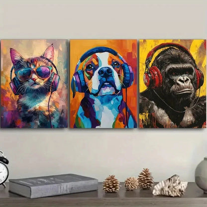 3pcs The Animals Are Listening To The Music Wall Art Set Canvas Framed 50x70cm - High Quality Print 100% Australian Made Wall Canvas Ready to Hang