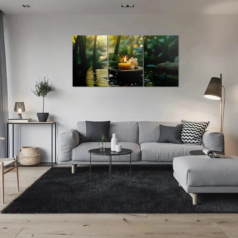 3pcs Serene Zen Garden Orchid and Waterfall Metal Print Ready to Hang Art