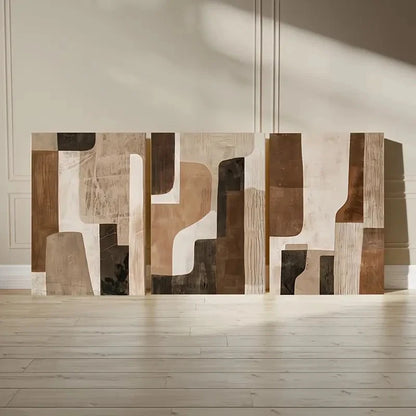 3pcs Abstract Brown and Beige Neutral Paintings Metal Print Ready to Hang Art