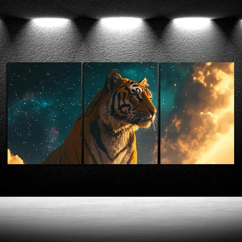 3pcs Mighty Tiger Vibrant Clouds Metal Print Ready to Hang Art
