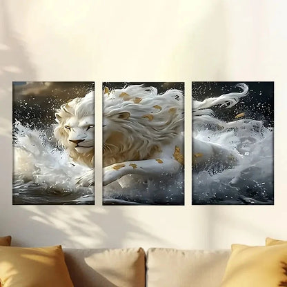 3pcs a white lion running through water Wall Art Set Canvas Framed 60x90cm - High Quality Print 100% Australian Made Wall Canvas Ready to Hang